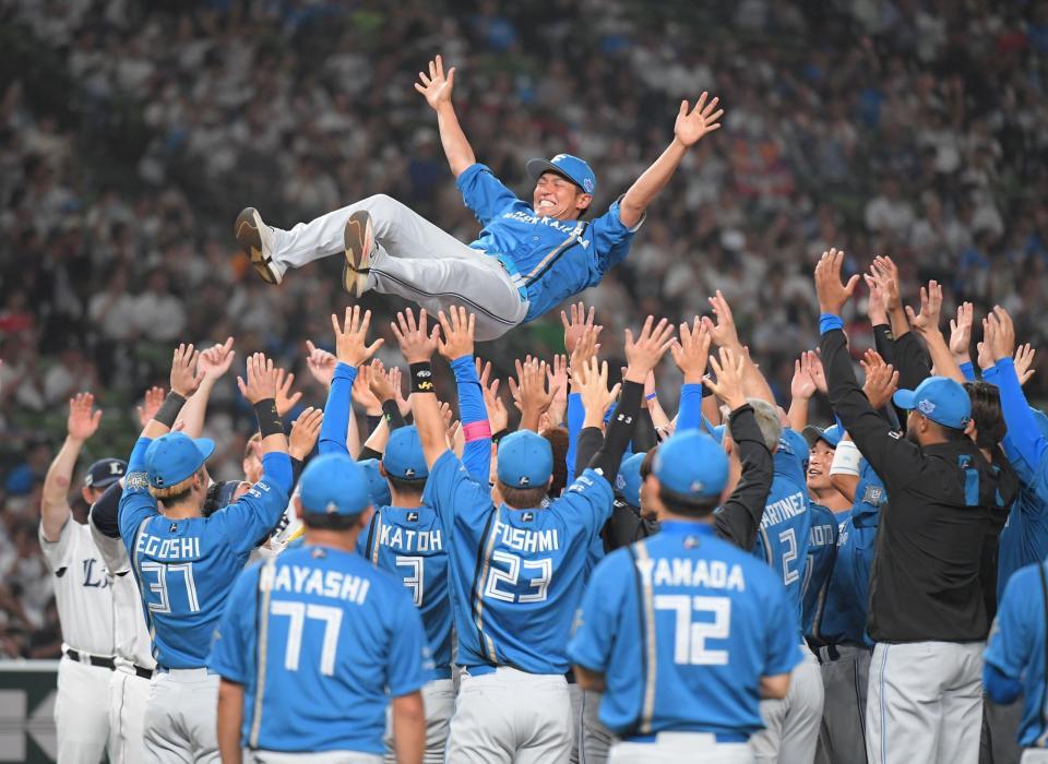 　両軍ナインによって胴上げされる木村（撮影・佐藤厚）