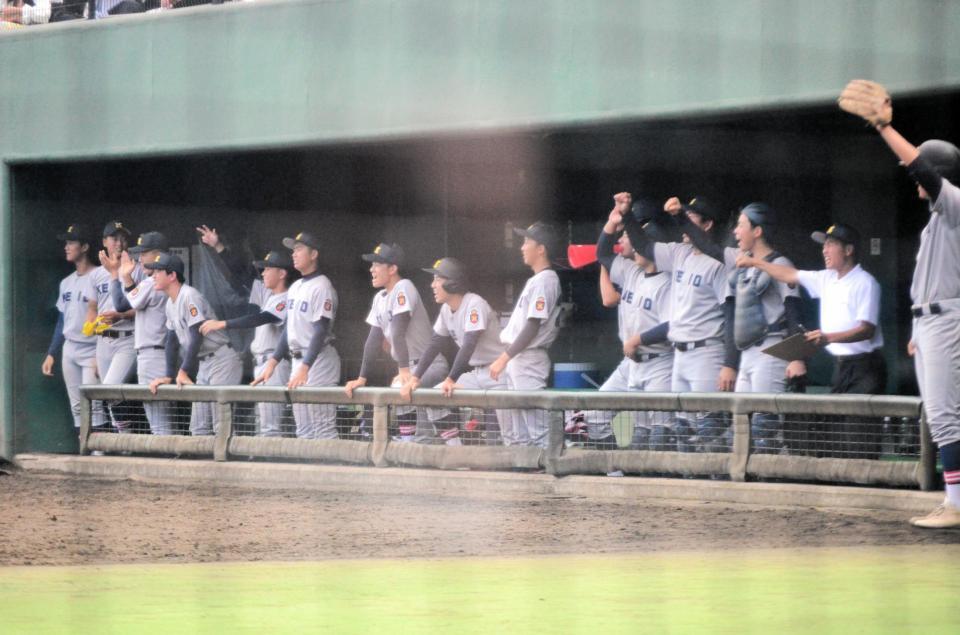 　ベンチから応援する慶応の選手ら