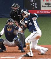 　８回、死球を受ける佐藤龍（撮影・北村雅宏）