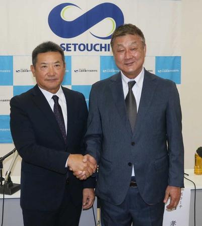 　瀬戸内の監督に就任した元広島の永田利則氏（左）とコーチに就任した長内孝氏
