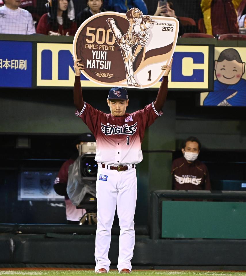 　５００試合登板を達成しボードを掲げる松井裕