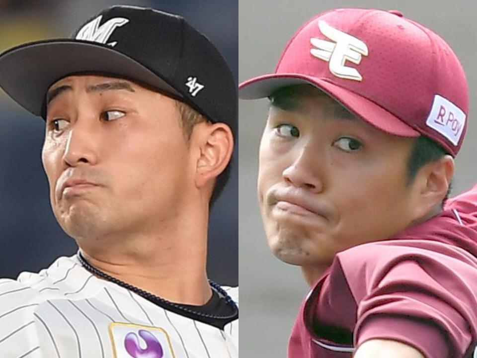 　ロッテ・小島和哉（左）と楽天・則本昂大
