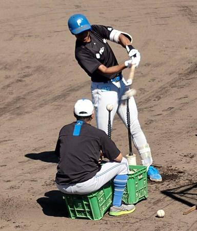 　２台のティースタンドを置いて打ち込む万波