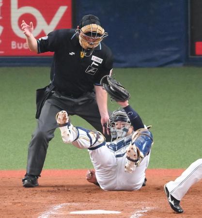 　８回、宇田川から投球を受けた後に倒れ込む捕手の森（撮影・堀内翔）