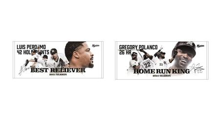 　２０２３年度パ・リーグ個人タイトル獲得記念グッズフェイスタオル（ぺルドモ投手左、ポランコ外野手右）＝球団提供