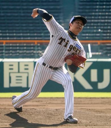 　シート打撃に登板した阪神・才木＝甲子園