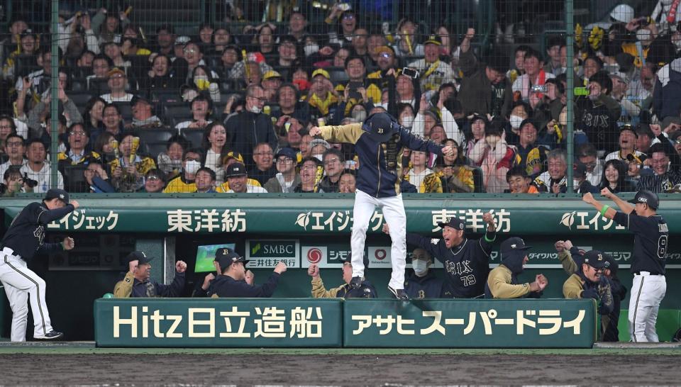 　阪神に競り勝ち、大喜びするオリックスナイン（撮影・北村雅宏）