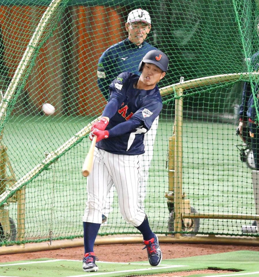 　フリー打撃を行う小園。奥は井端監督（撮影・堀内翔）