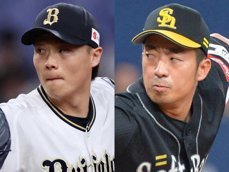 　山崎福（左）と前ソフトバンク・嘉弥真