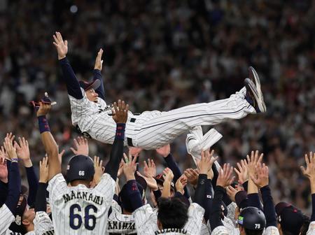 　ナインから胴上げされる井端監督（撮影・山口登）