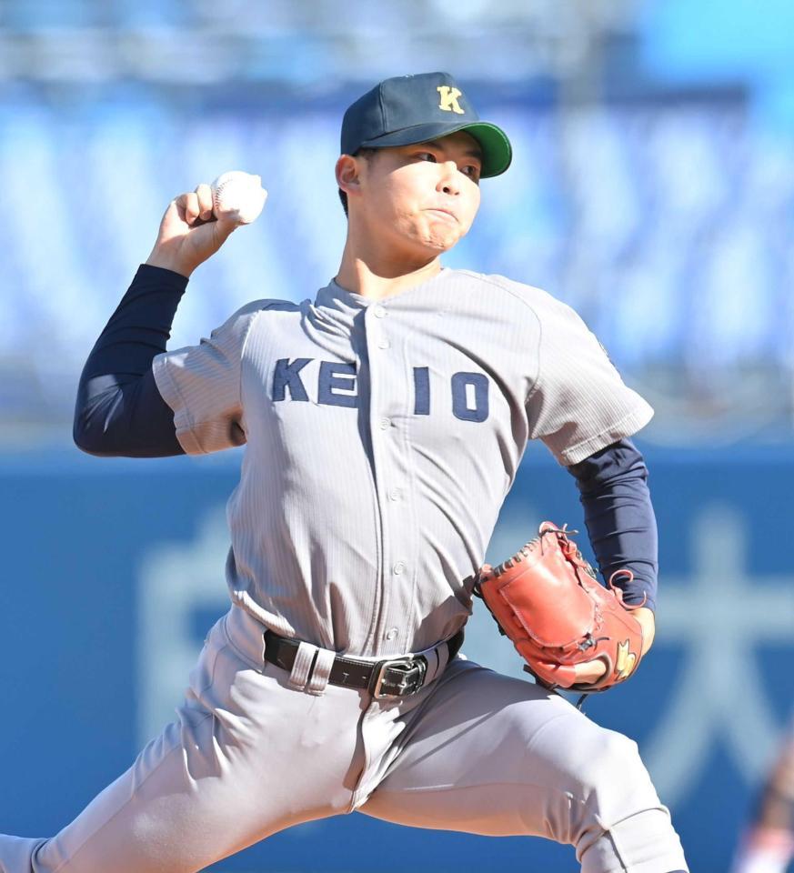 　青学大戦に完封勝利した慶大・外丸（撮影・西岡正）