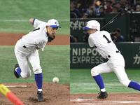 　（写真左）女子高校野球選抜打線相手に力投するイチロー氏　（同右）５回、右中間に二塁打を放つイチロー氏