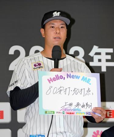 　目標を書いたボードを手にするロッテドラフト１位の上田希由翔内野手＝７日、東京都内