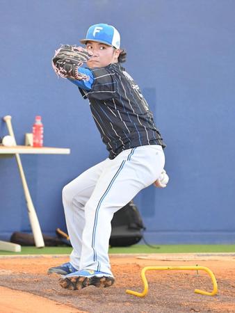 　足元に器具を置いて投げる伊藤（撮影・佐々木彰尚）