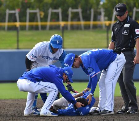 　５回、二塁に滑り込んだ際にキム・ホの顔面に細川の肘が当たり倒れ込む（撮影・持木克友）