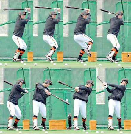 巨人・佐々木の打撃フォーム連続写真（上段左から１～４、下段左から５～８とする）