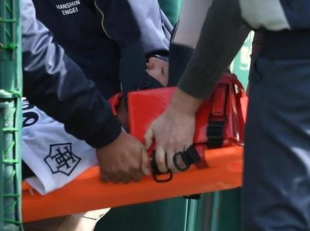 　３回、死球を受けた宇治山田商・中川春輝は担架で運ばれる（撮影・石井剣太郎）