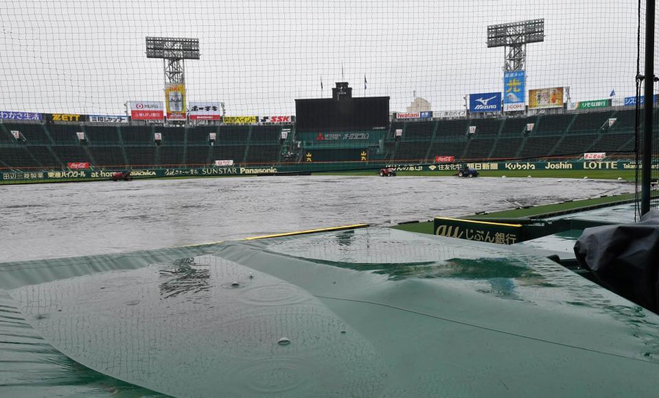 　激しく雨が降る甲子園のグラウンド（撮影・持木克友）