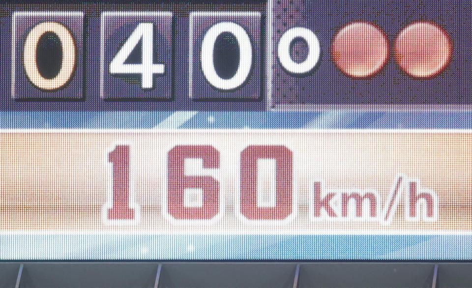 　９回裏に登板した大勢の球速表示