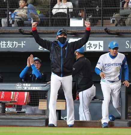 　８回、郡司が先制打を放ち、ベンチを飛び出してガッツポーズをする新庄監督（中央）＝撮影・中島達哉