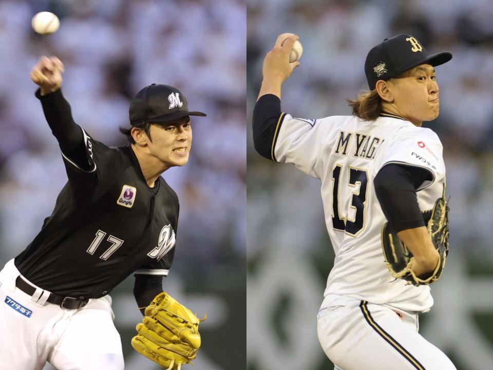 　力投する佐々木（左）と宮城＝４月３０日