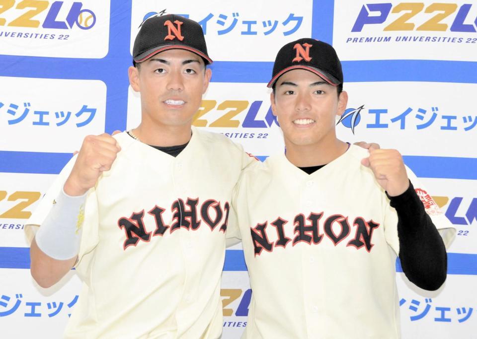 　決勝ソロを放った日大・谷端と今春２勝目を挙げた山内翔