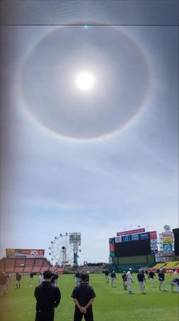 　楽天モバイルパークに太陽の周りに虹色の光の輪「ハロ（ＨＡＬＯ）」の現象（撮影・金田祐二）