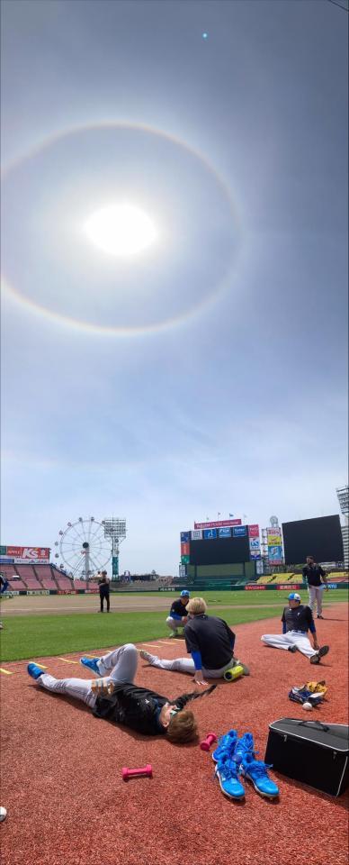 　楽天モバイルパークに太陽の周りに虹色の光の輪「ハロ（ＨＡＬＯ）」の現象（撮影・金田祐二）