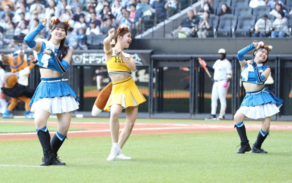 　ファイターズガールときつねダンスを踊るハニーズ（中央）＝撮影・中島達哉