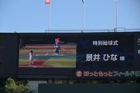 　ビジョンに映し出された始球式に臨む景井ひな（撮影・金居みつよし）