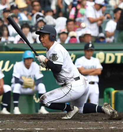 　４回、死球を受ける岡山学芸館の田井和寿（撮影・石井剣太郎）