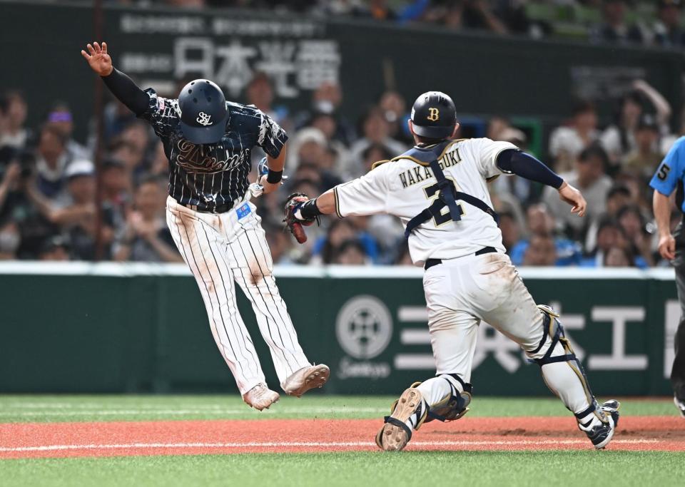 　７回、古賀がスクイズを外され飛び出した三塁走者・野村がタッチアウトとなる（撮影・園田高夫）