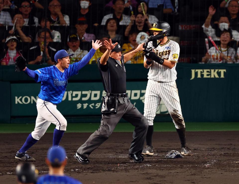 　４回、青柳のスクイズで生還する井上（撮影・山口登）