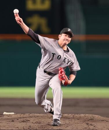 　阪神打線を相手に力投する菅野（撮影・立川洋一郎）