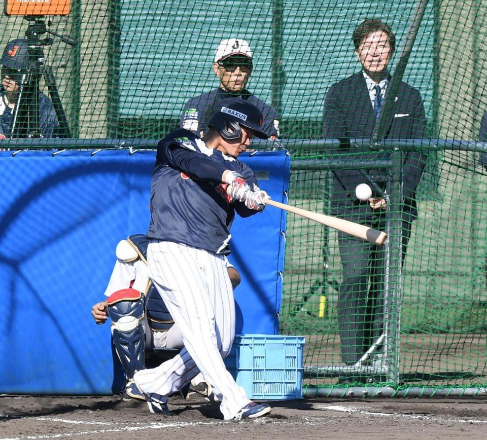 　井端監督の前でフリー打撃をする坂倉（撮影・佐々木彰尚）