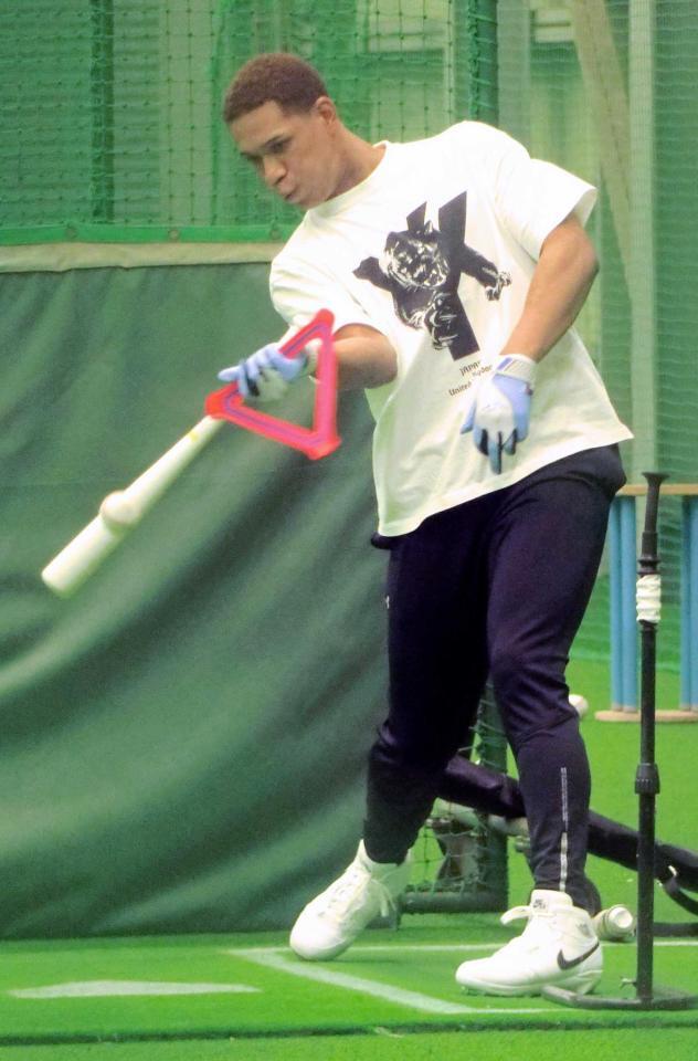 　三角形の板をバットと一緒に握り、片手でティー打撃をする万波