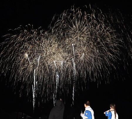 　花火大会で花火を愛でる新庄監督（中央）。（右から）モーニング娘。の牧野真莉愛、伊集院光（撮影・開出牧）