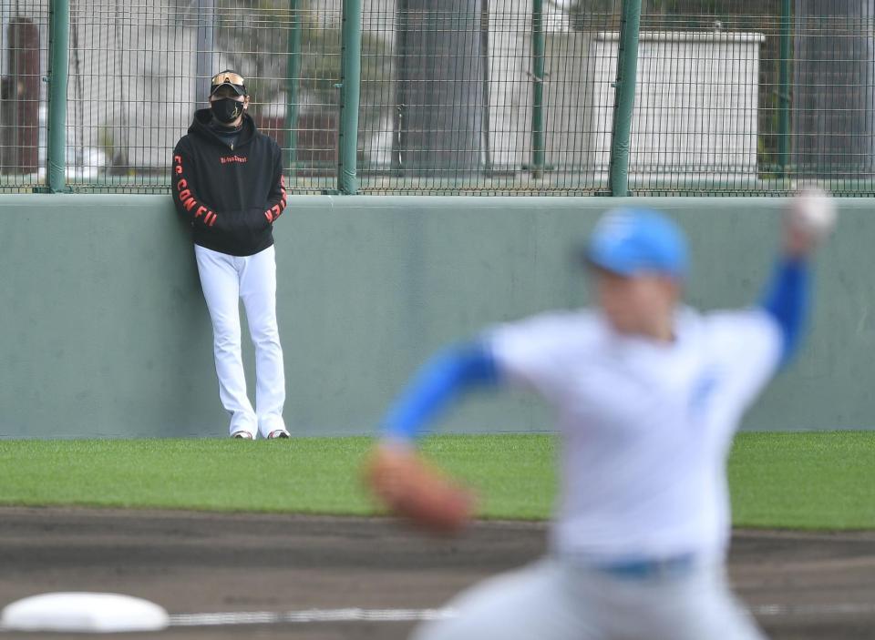 　２軍キャンプで紅白戦を見る新庄監督（後方）＝撮影・開出牧