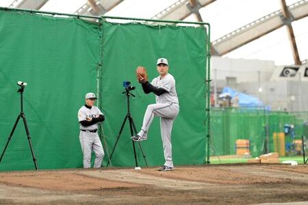 　投球練習を行う田中将（撮影・伊藤笙子）