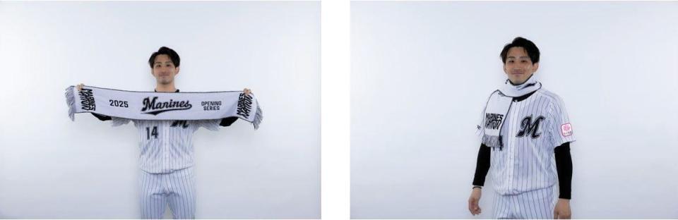 　「ジャガードタオルマフラー」を披露する小島