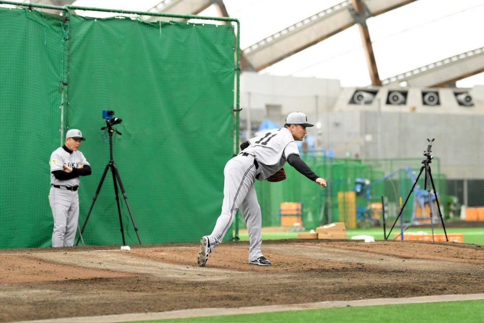 　投球練習を行う田中将（撮影・伊藤笙子）