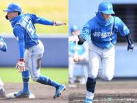 　二盗を決めた五十幡（左）と左飛に倒れた矢沢