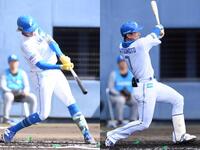 　左前打を放つ水谷（左）と松本剛