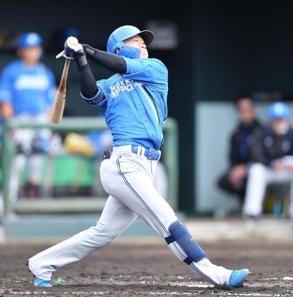 　２回、中犠飛を放つ矢沢（撮影・開出牧）