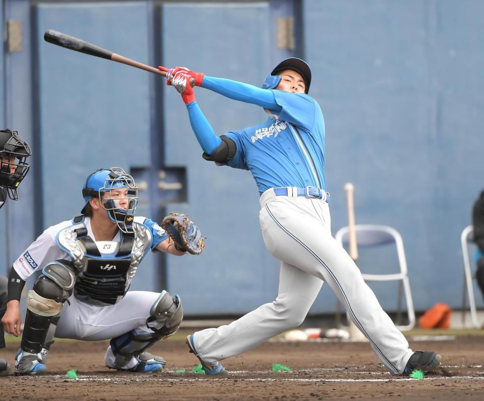 　３回、豪快に空振りする柴田（撮影・佐藤厚）