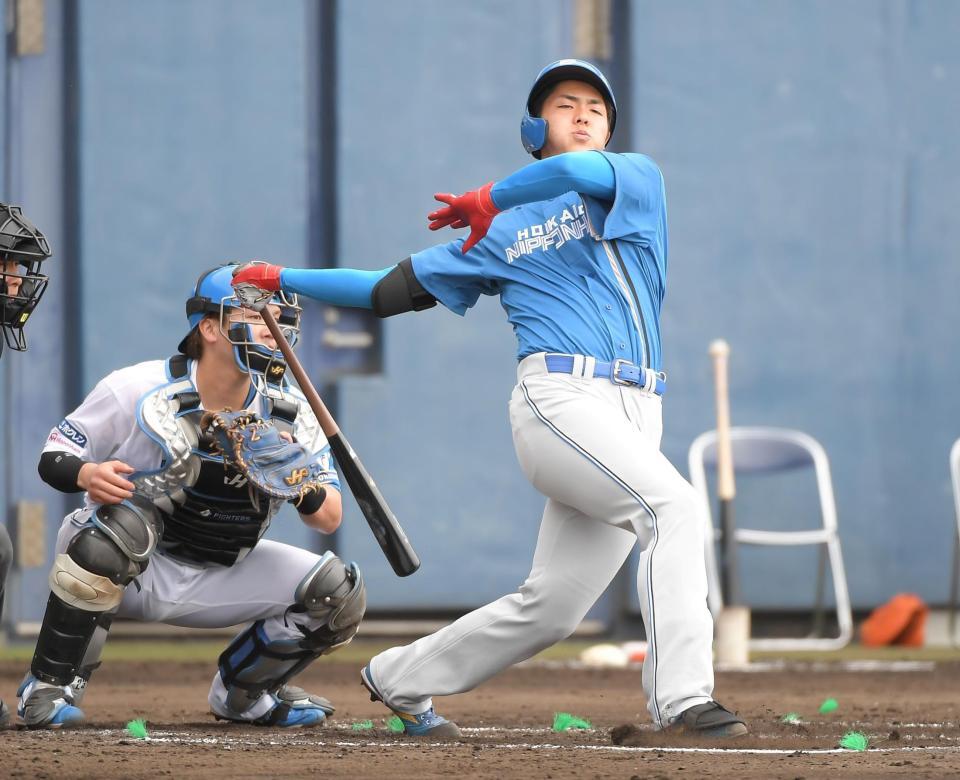 　３回、豪快に空振りする柴田（撮影・佐藤厚）