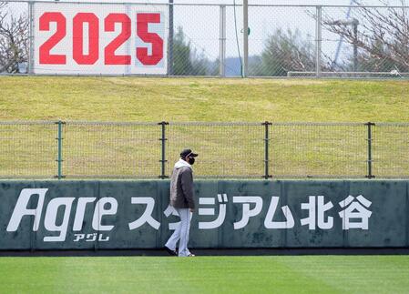 　試合前、外野フェンス沿いを歩く新庄監督（撮影・佐藤厚）