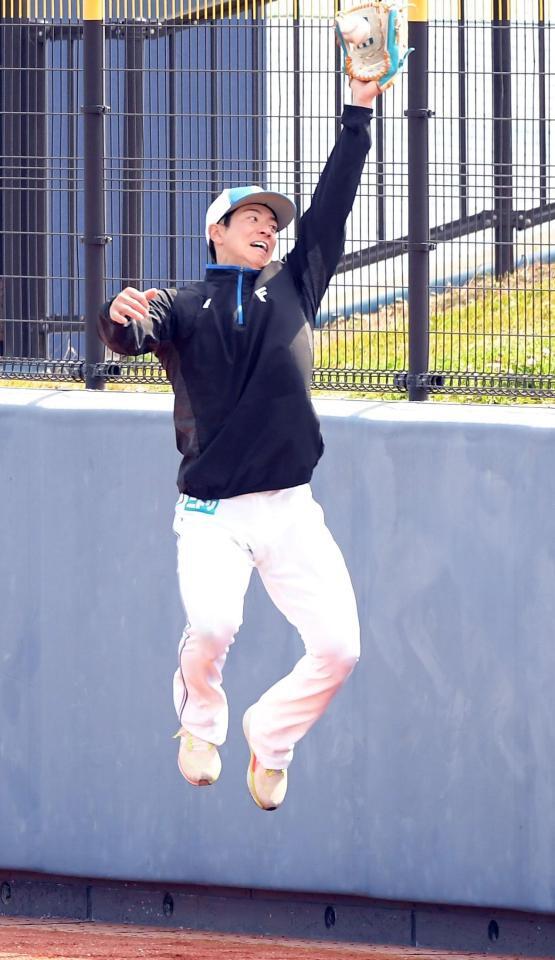 　フェンス際の打球処理を練習する松本剛（撮影・佐藤厚）