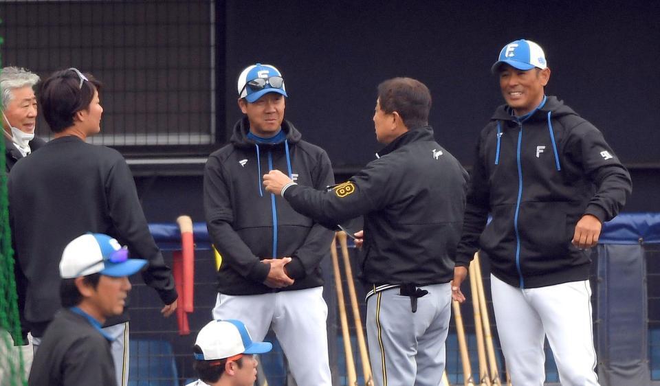 　談笑する（左から）渡辺、八木打撃コーチ、平田２軍監督、稲葉ファーム監督（撮影・佐藤厚）