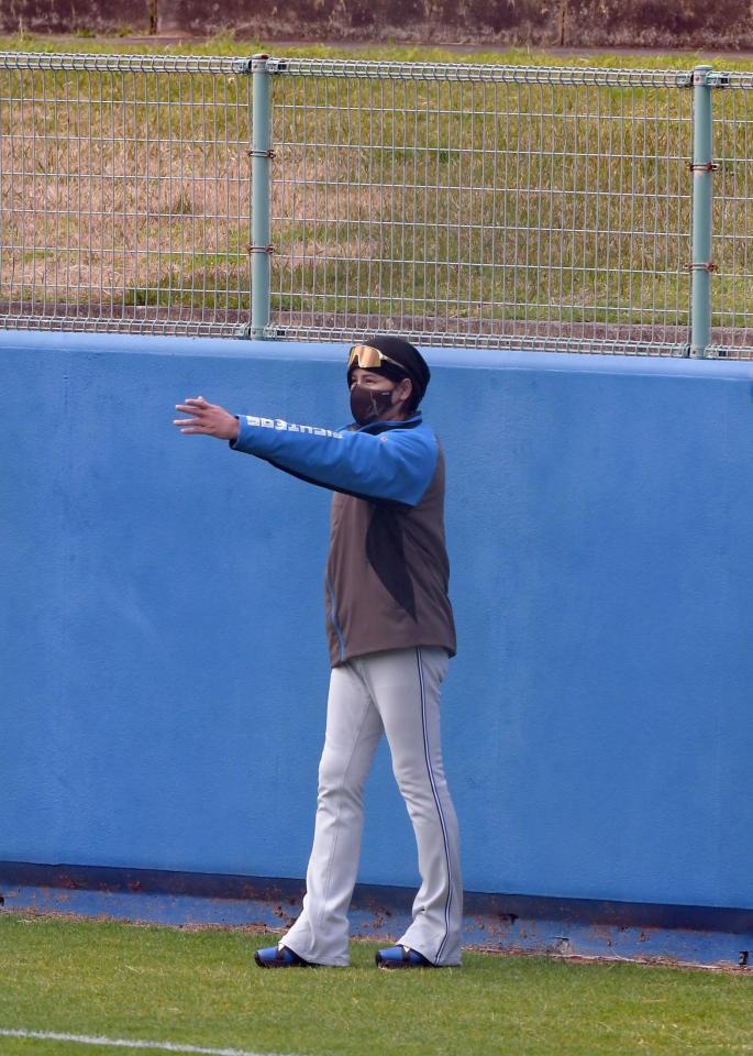 　外野フェンスをチェックする新庄監督（撮影・佐藤厚）